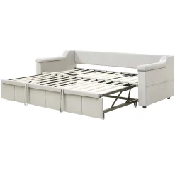 Lit Gigogne 90/180x190 cm - Lit Simple avec Rangement et Accoudoirs Larges, Système Bluetooth USB, Velours Beige