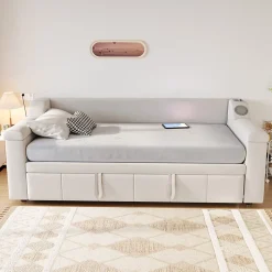 Lit Gigogne 90/180x190 cm - Lit Simple avec Rangement et Accoudoirs Larges, Système Bluetooth USB, Velours Beige