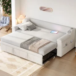 Lit Gigogne 90/180x190 cm - Lit Simple avec Rangement et Accoudoirs Larges, Système Bluetooth USB, Velours Beige