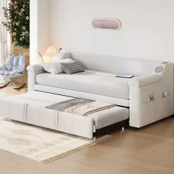 Lit Gigogne 90/180x190 cm - Lit Simple avec Rangement et Accoudoirs Larges, Système Bluetooth USB, Velours Beige