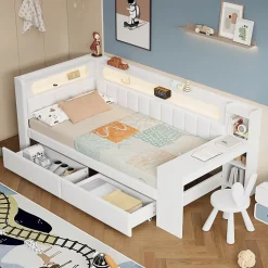 Lit gigogne 90x200 cm - Lit simple avec port USB et bande LED - Bois - Sans matelas - Blanc