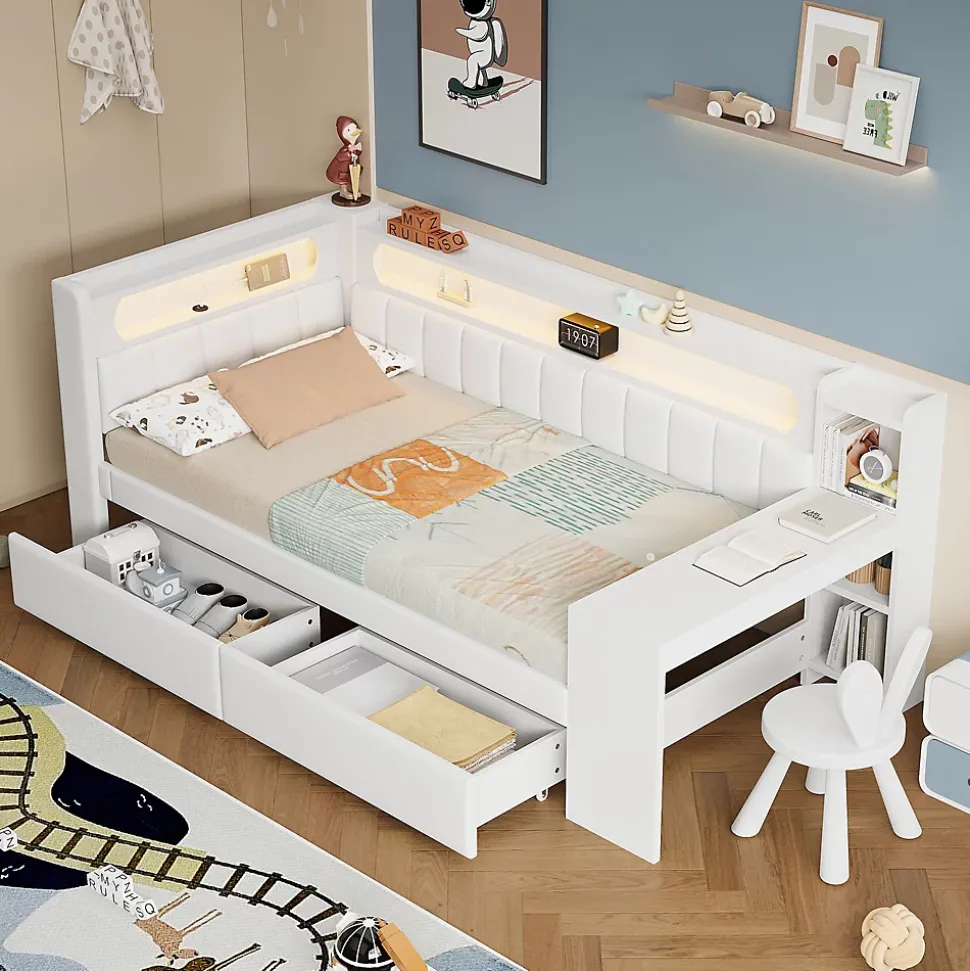 Lit gigogne 90x200 cm - Lit simple avec port USB et bande LED - Bois - Sans matelas - Blanc