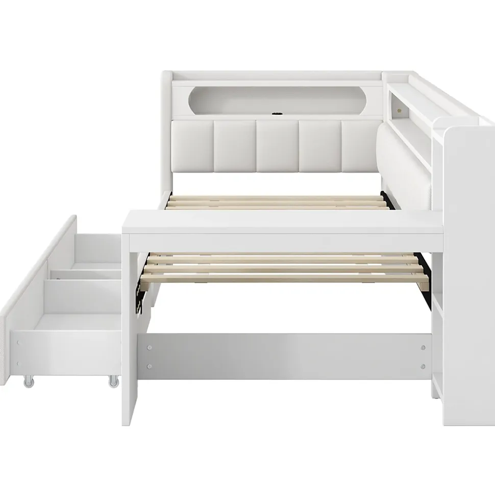 Lit gigogne 90x200 cm - Lit simple avec port USB et bande LED - Bois - Sans matelas - Blanc