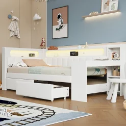 Lit gigogne 90x200 cm - Lit simple avec port USB et bande LED - Bois - Sans matelas - Blanc