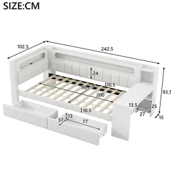 Lit gigogne 90x200 cm - Lit simple avec port USB et bande LED - Bois - Sans matelas - Blanc