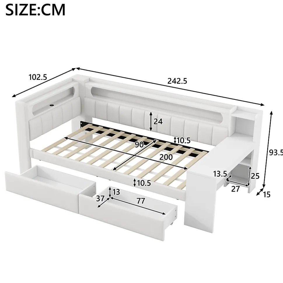 Lit gigogne 90x200 cm - Lit simple avec port USB et bande LED - Bois - Sans matelas - Blanc