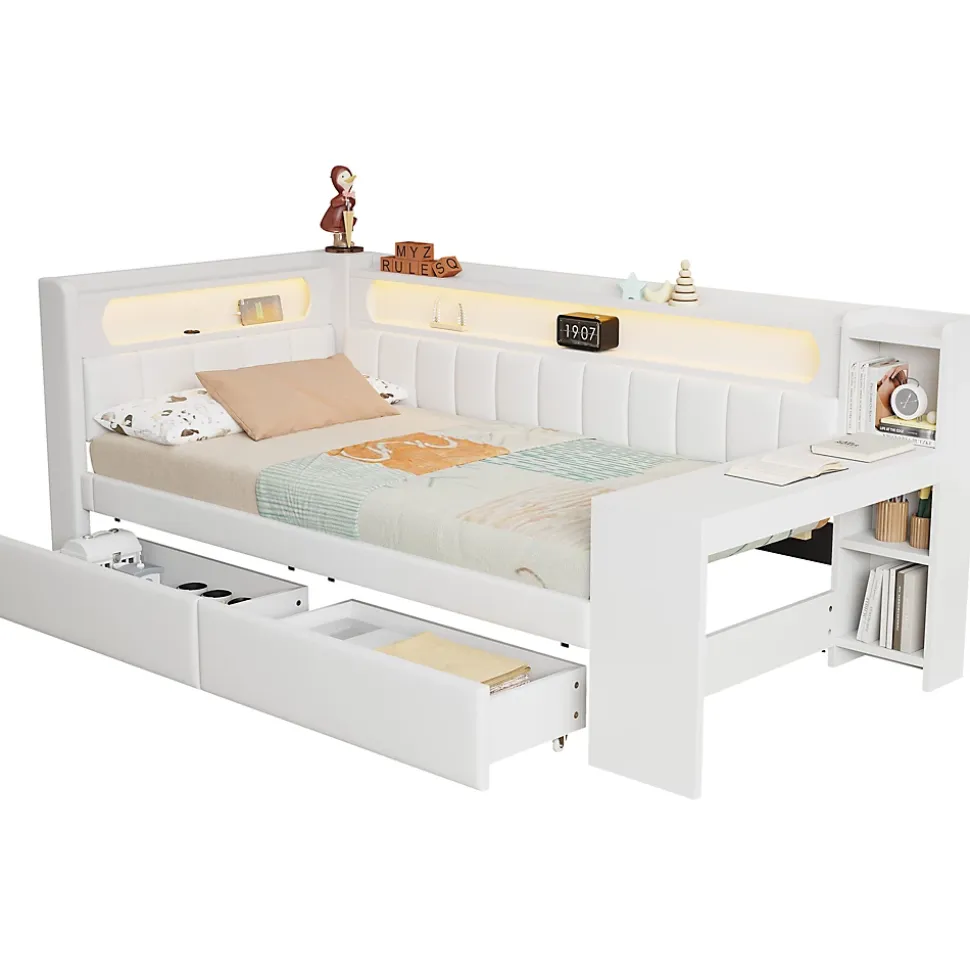 Lit gigogne 90x200 cm - Lit simple avec port USB et bande LED - Bois - Sans matelas - Blanc