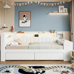 Lit gigogne 90x200 cm - Lit simple avec port USB et bande LED - Bois - Sans matelas - Blanc