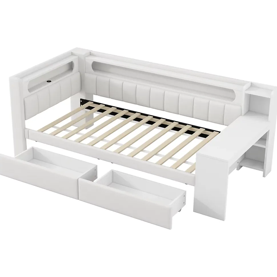 Lit gigogne 90x200 cm - Lit simple avec port USB et bande LED - Bois - Sans matelas - Blanc