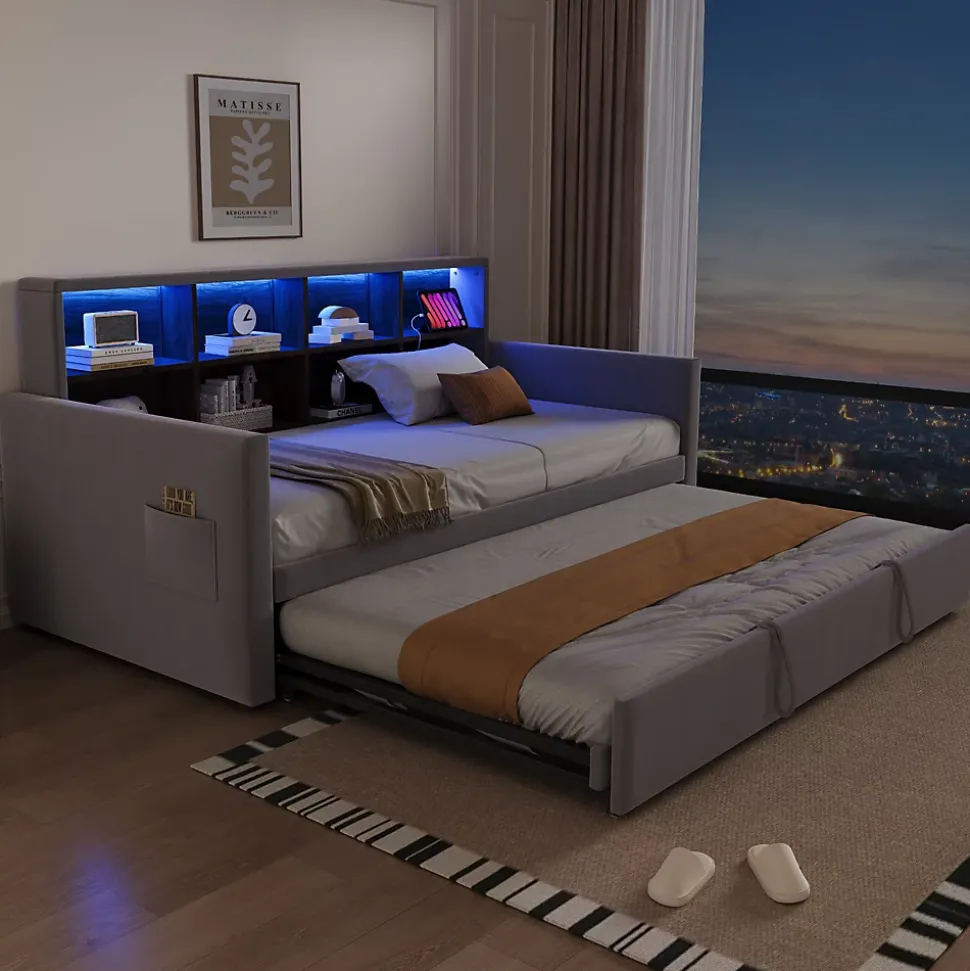 Lit Gigogne 90x190 cm - Lit Simple Capitonné avec Ports USB+Type-C, Enfant et Ado - Velours, Métal, MDF, Gris Clair - sans Matelas