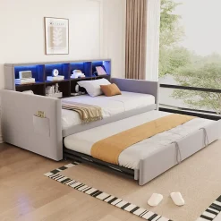 Lit Gigogne 90x190 cm - Lit Simple Capitonné avec Ports USB+Type-C, Enfant et Ado - Velours, Métal, MDF, Gris Clair - sans Matelas