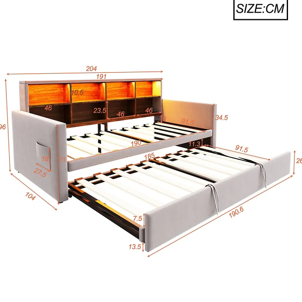 Lit Gigogne 90x190 cm - Lit Simple Capitonné avec Ports USB+Type-C, Enfant et Ado - Velours, Métal, MDF, Gris Clair - sans Matelas