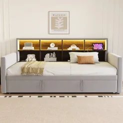 Lit Gigogne 90x190 cm - Lit Simple Capitonné avec Ports USB+Type-C, Enfant et Ado - Velours, Métal, MDF, Gris Clair - sans Matelas