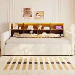 Lit Gigogne 90x190 cm - Lit Simple Capitonné avec Ports USB+Type-C pour Enfant et Ado - Velours, Métal, MDF, Beige - sans Matelas