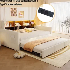Lit Gigogne 90x190 cm - Lit Simple Capitonné avec Ports USB+Type-C pour Enfant et Ado - Velours, Métal, MDF, Beige - sans Matelas