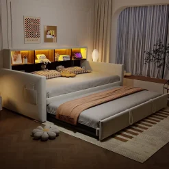 Lit Gigogne 90x190 cm - Lit Simple Capitonné avec Ports USB+Type-C pour Enfant et Ado - Velours, Métal, MDF, Beige - sans Matelas