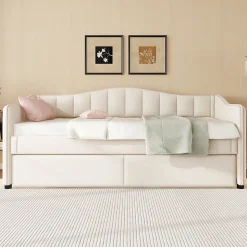 Lit gigogne 90x200 cm - Lit simple avec lit tiroir et sommier à lattes - Lin + MDF - Sans matelas - Beige