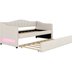 Lit gigogne 90x200 cm - Lit simple avec lit tiroir et sommier à lattes - Lin + MDF - Sans matelas - Beige