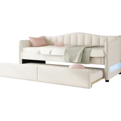 Lit gigogne 90x200 cm - Lit simple avec lit tiroir et sommier à lattes - Lin + MDF - Sans matelas - Beige