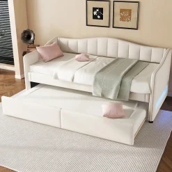 Lit gigogne 90x200 cm - Lit simple avec lit tiroir et sommier à lattes - Lin + MDF - Sans matelas - Beige