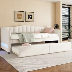 Lit gigogne 90x200 cm - Lit simple avec lit tiroir et sommier à lattes - Lin + MDF - Sans matelas - Beige