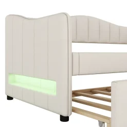 Lit gigogne 90x200 cm - Lit simple avec lit tiroir et sommier à lattes - Lin + MDF - Sans matelas - Beige