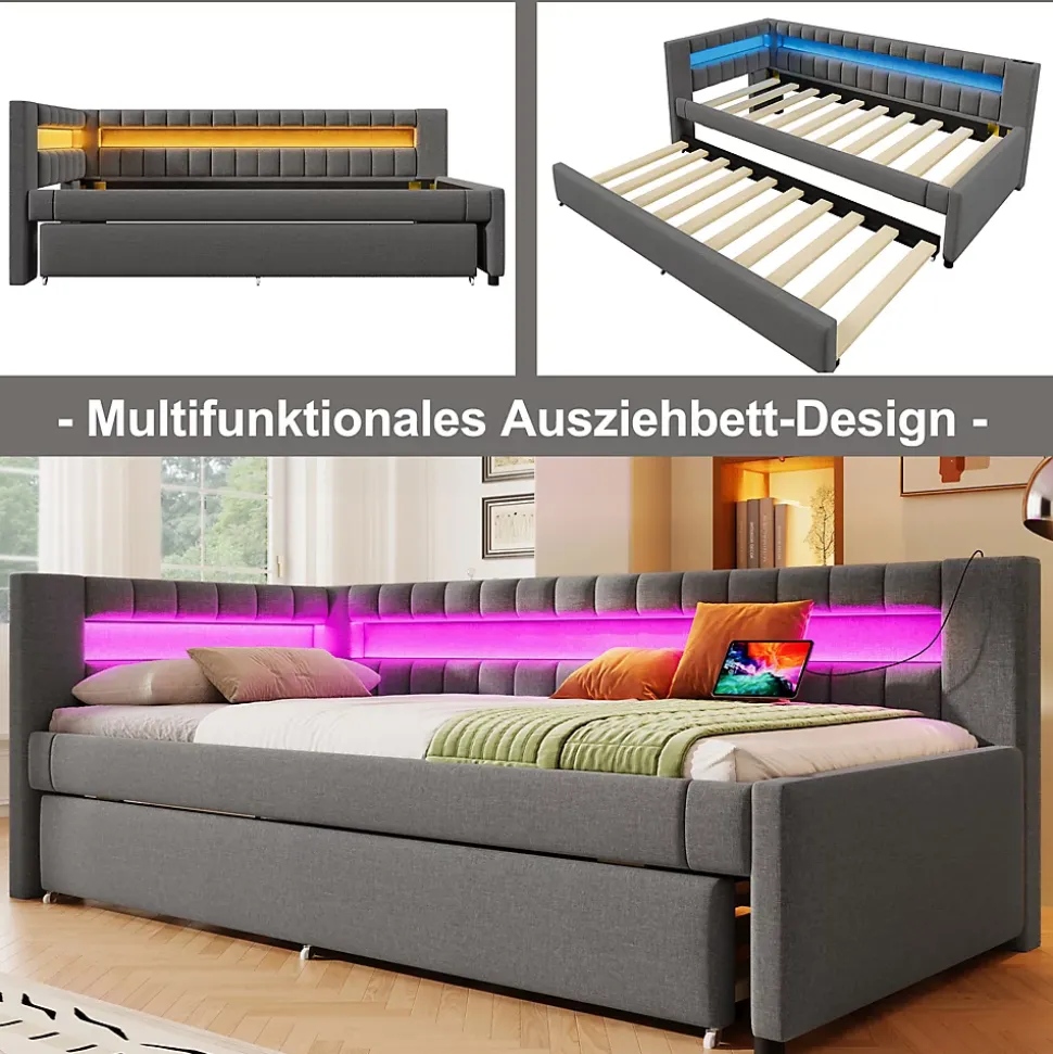 Lit Gigogne 90x200 cm - Lit Simple avec Sommier Coulissant, Éclairage LED et Ports USB Type-C, Lin et MDF, sans Matelas, Gris