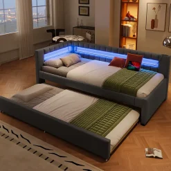 Lit Gigogne 90x200 cm - Lit Simple avec Sommier Coulissant, Éclairage LED et Ports USB Type-C, Lin et MDF, sans Matelas, Gris