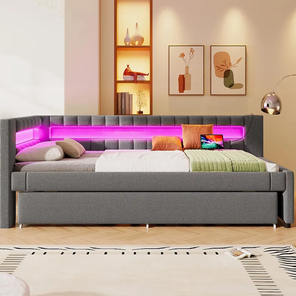 Lit Gigogne 90x200 cm - Lit Simple avec Sommier Coulissant, Éclairage LED et Ports USB Type-C, Lin et MDF, sans Matelas, Gris