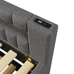 Lit Gigogne 90x200 cm - Lit Simple avec Sommier Coulissant, Éclairage LED et Ports USB Type-C, Lin et MDF, sans Matelas, Gris