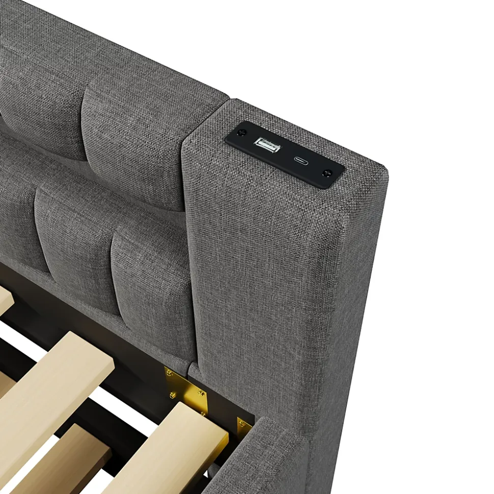 Lit Gigogne 90x200 cm - Lit Simple avec Sommier Coulissant, Éclairage LED et Ports USB Type-C, Lin et MDF, sans Matelas, Gris