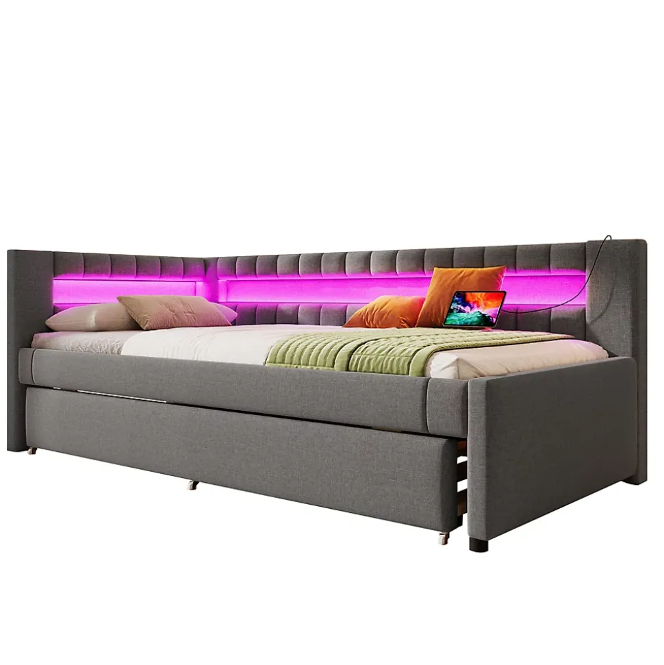 Lit Gigogne 90x200 cm - Lit Simple avec Sommier Coulissant, Éclairage LED et Ports USB Type-C, Lin et MDF, sans Matelas, Gris