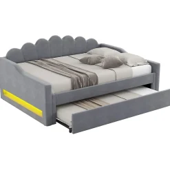 Lit gigogne 140x200 cm - Lit simple avec lit d'appoint extensible - MDF et Lin - Sans matelas - Gris