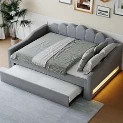 Lit gigogne 140x200 cm - Lit simple avec lit d'appoint extensible - MDF et Lin - Sans matelas - Gris