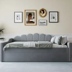 Lit gigogne 140x200 cm - Lit simple avec lit d'appoint extensible - MDF et Lin - Sans matelas - Gris
