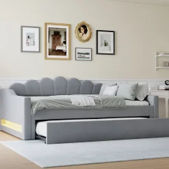 Lit gigogne 140x200 cm - Lit simple avec lit d'appoint extensible - MDF et Lin - Sans matelas - Gris
