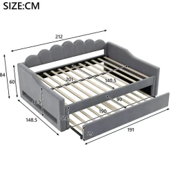 Lit gigogne 140x200 cm - Lit simple avec lit d'appoint extensible - MDF et Lin - Sans matelas - Gris