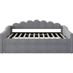Lit gigogne 140x200 cm - Lit simple avec lit d'appoint extensible - MDF et Lin - Sans matelas - Gris