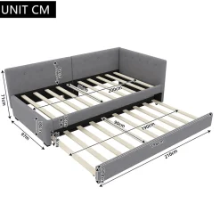 Lit Gigogne 90x200 cm - Lit Simple 1 Place avec Couchage Secondaire, sans Matelas, en Velours, Gris