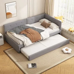 Lit Gigogne 90x200 cm - Lit Simple 1 Place avec Couchage Secondaire, sans Matelas, en Velours, Gris