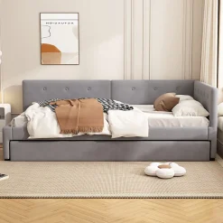 Lit Gigogne 90x200 cm - Lit Simple 1 Place avec Couchage Secondaire, sans Matelas, en Velours, Gris