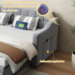 Lit Gigogne 90/180x190 cm - Lit Simple avec Lit Tiroir, Ports USB et Poche de Rangement, Sans Matelas - Velours Gris Clair