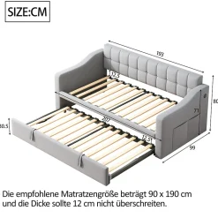 Lit Gigogne 90/180x190 cm - Lit Simple avec Lit Tiroir, Ports USB et Poche de Rangement, Sans Matelas - Velours Gris Clair