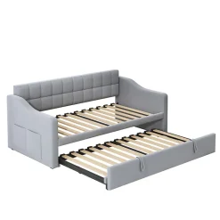 Lit Gigogne 90/180x190 cm - Lit Simple avec Lit Tiroir, Ports USB et Poche de Rangement, Sans Matelas - Velours Gris Clair