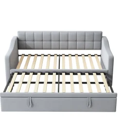 Lit Gigogne 90/180x190 cm - Lit Simple avec Lit Tiroir, Ports USB et Poche de Rangement, Sans Matelas - Velours Gris Clair