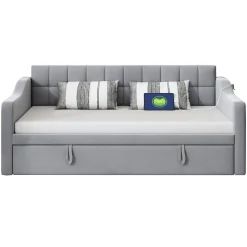 Lit Gigogne 90/180x190 cm - Lit Simple avec Lit Tiroir, Ports USB et Poche de Rangement, Sans Matelas - Velours Gris Clair