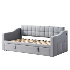 Lit Gigogne 90/180x190 cm - Lit Simple avec Lit Tiroir, Ports USB et Poche de Rangement, Sans Matelas - Velours Gris Clair