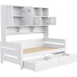 Lit Gigogne 90x200 cm - Lit Simple avec Deux Tiroirs de Rangement - Bois - Blanc - Sans Matelas
