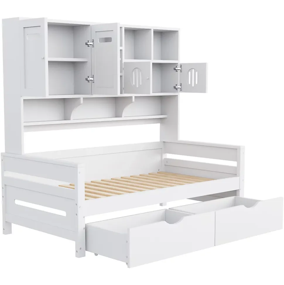 Lit Gigogne 90x200 cm - Lit Simple avec Deux Tiroirs de Rangement - Bois - Blanc - Sans Matelas