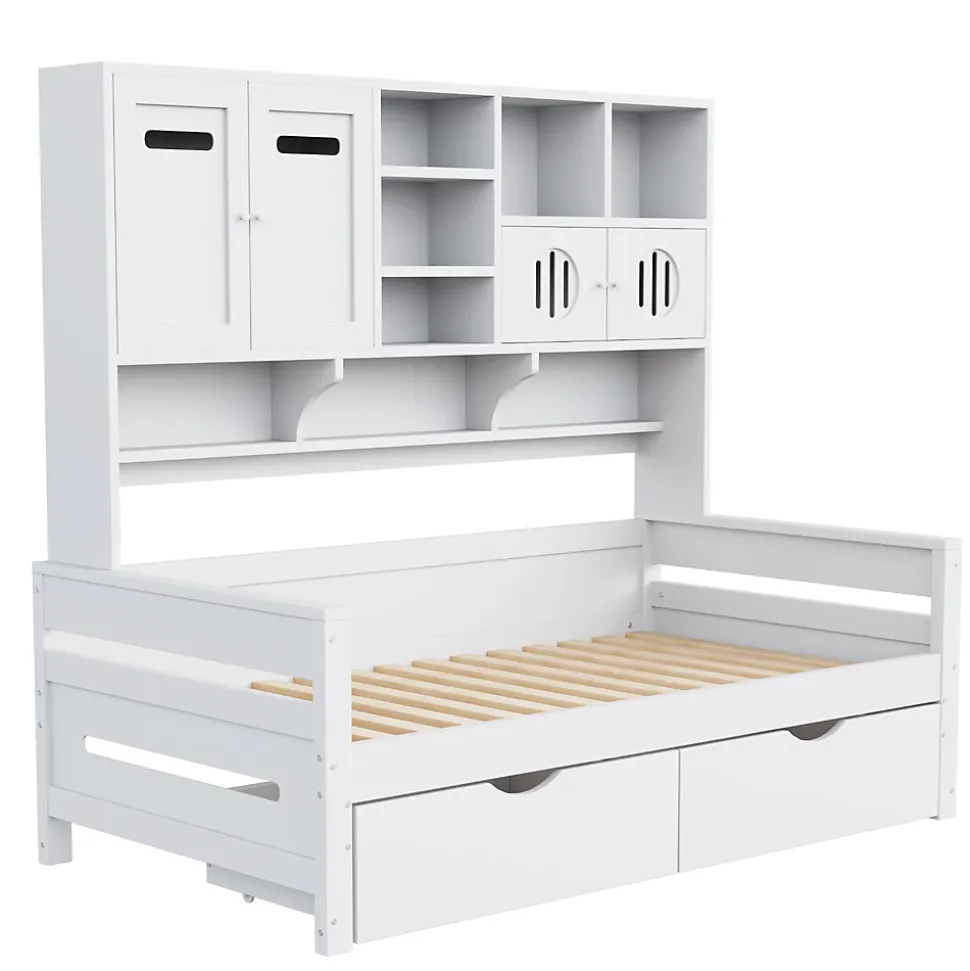Lit Gigogne 90x200 cm - Lit Simple avec Deux Tiroirs de Rangement - Bois - Blanc - Sans Matelas